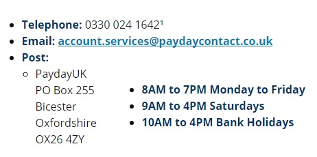 paydayUk contacts